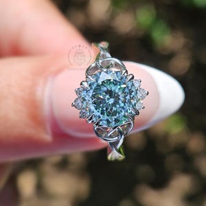 2CT Cyan Blue Moissanite Ring: 14K Gold Portuguese Cut Engagement Ring