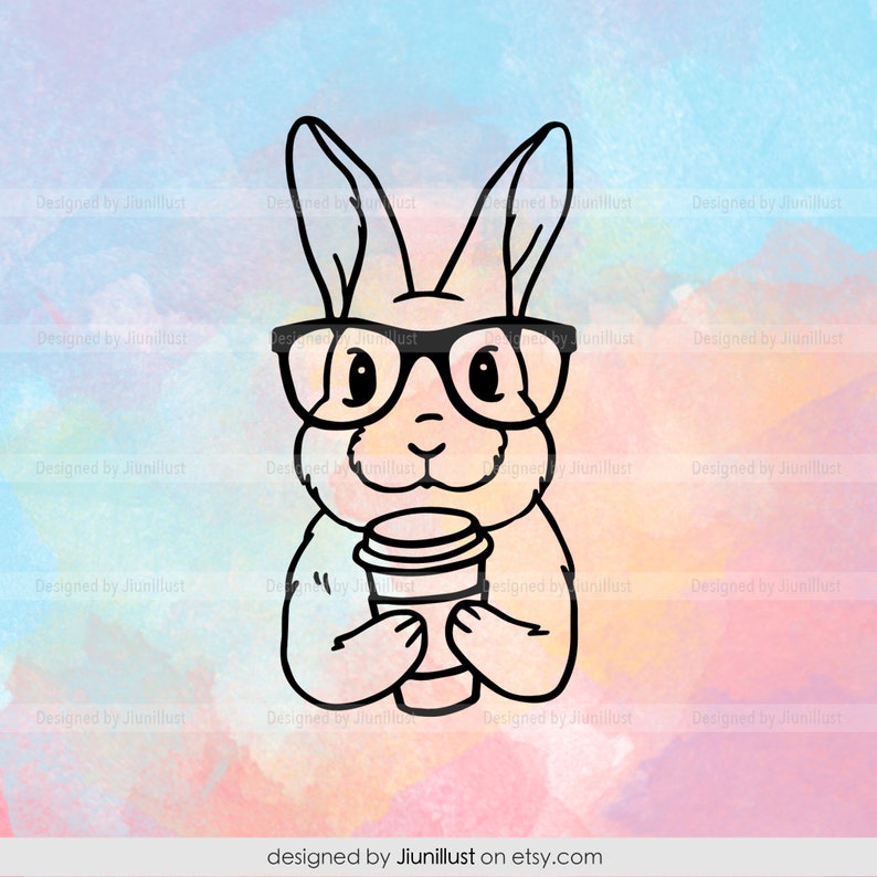 Download Coffee Rabbit with Glasses SVG Hand Drawn Bunny PNG | Etsy