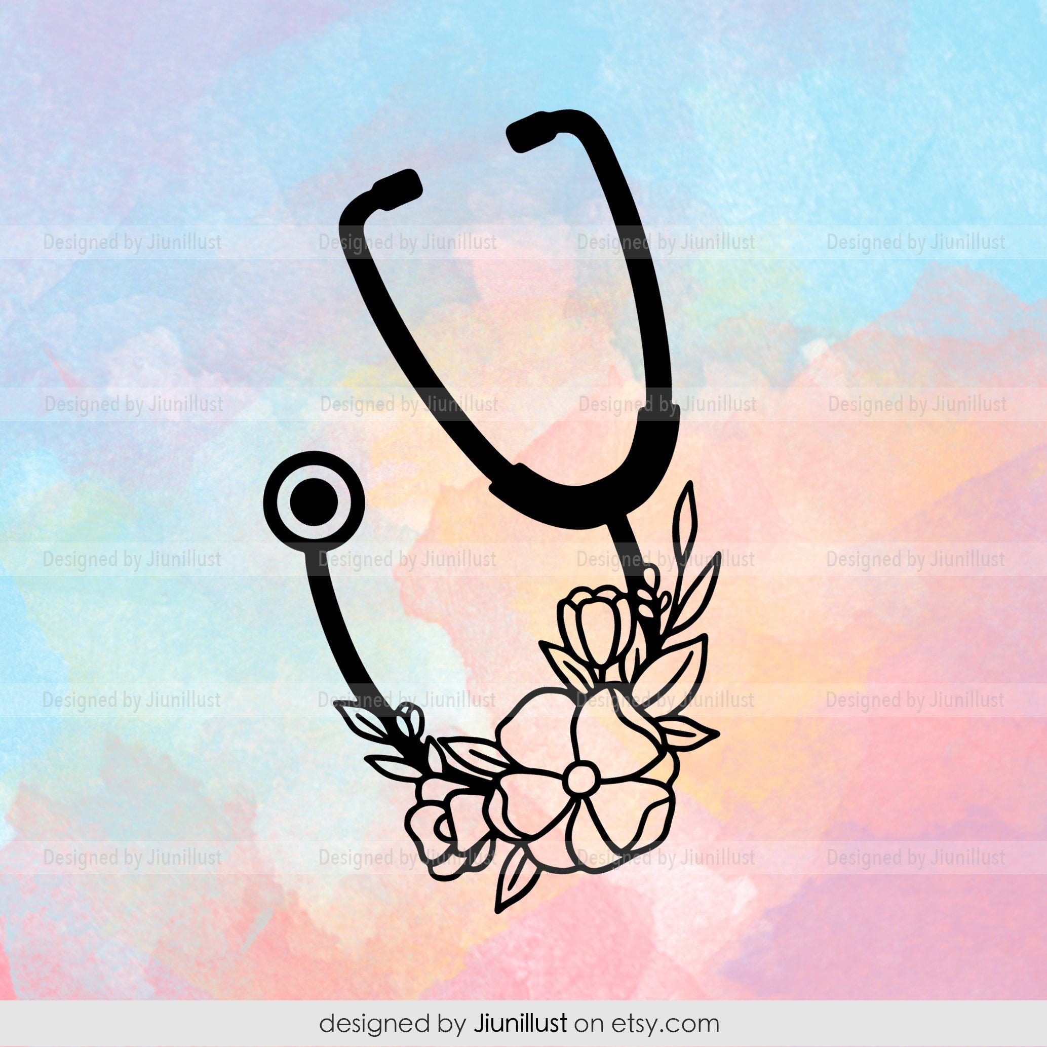 Floral Stethoscope SVG Hand Drawn Stethoscope with Flowers Etsy