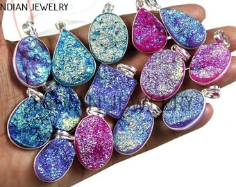 Lot De Pendentifs Fantaisie Titanium Druzy - Argenté Plaqué 925 - Fait Main - Inde