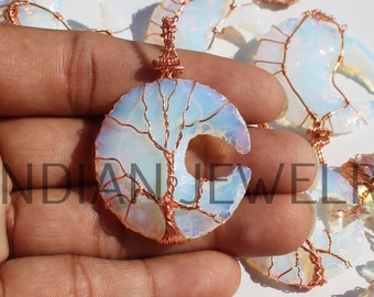 Opalite Cresent Moon Copper Wire Wrapped Pendant, Tree Of Life Copper Pendant, Cresent Tree Of Life Pendant, Healing Wire Wrapped Jewelry