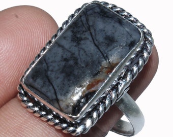 Solid 925 Sterling Silver Modern Jewelry Natural Picture Jasper Ring Size 11.5
