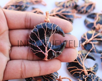 Black Obsidian Cresent Moon Copper Wire Wrapped Pendant,Tree Of Life Copper Pendant,0resent Tree Of Life Pendant,Healing Wire Wraped Jewelry