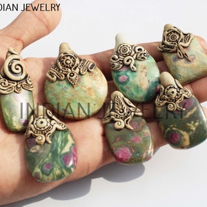 Natural Ruby Fuschite Pendant / Designer Handmade Polymer Clay Pendant / Gemstone Healing Clay Pendant Jewelry / Antique Jewellery
