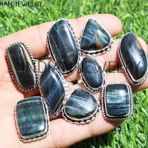 Natural Blue Tiger Eye Gemstone Ring / Ethnic Gemstone Ring / Bulk Jewellery / Wholesale Ring Lot / 925 Sterling Silver Plated Ring