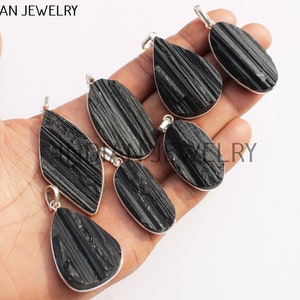 Natural Black Tourmaline Gemstone Bezel Pendant / Ethnic Handmade Jewelry / Vintage Style Wholesale Lot / 925 Sterling Silver Plated Pendant