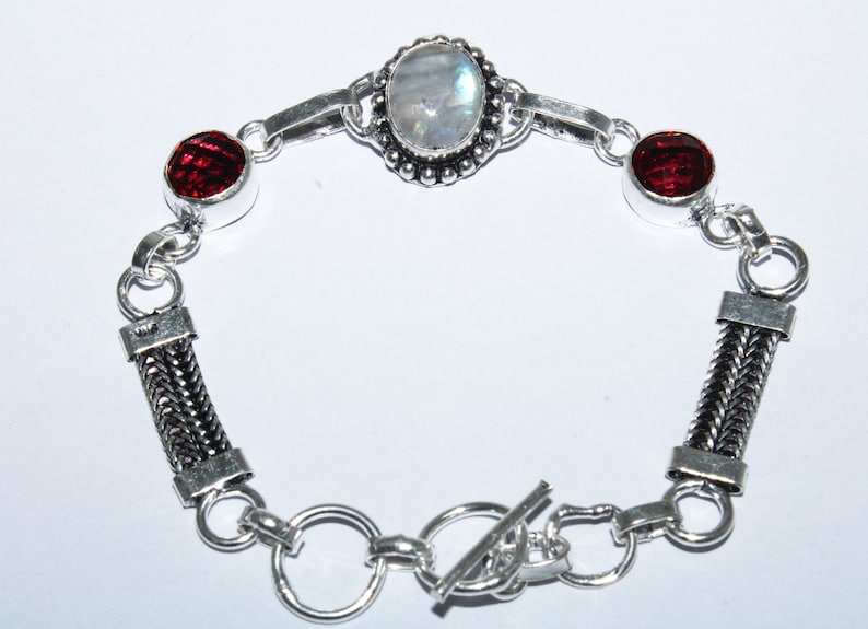 IJ - 05 Natural Rainbow Moonstone /& Pink Tourmaline Bracelet 925 Sterling Silver Plated Bracelet Ethnic Jewelry Handmade Bracelet