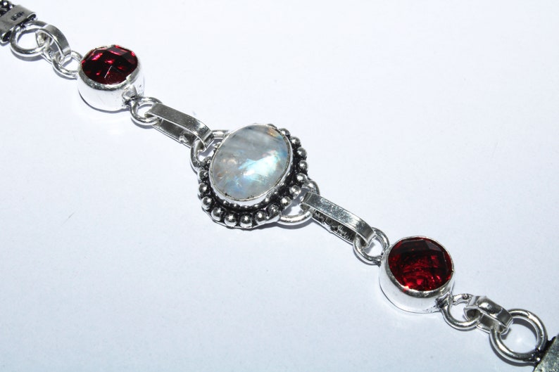 IJ - 05 Natural Rainbow Moonstone /& Pink Tourmaline Bracelet 925 Sterling Silver Plated Bracelet Ethnic Jewelry Handmade Bracelet