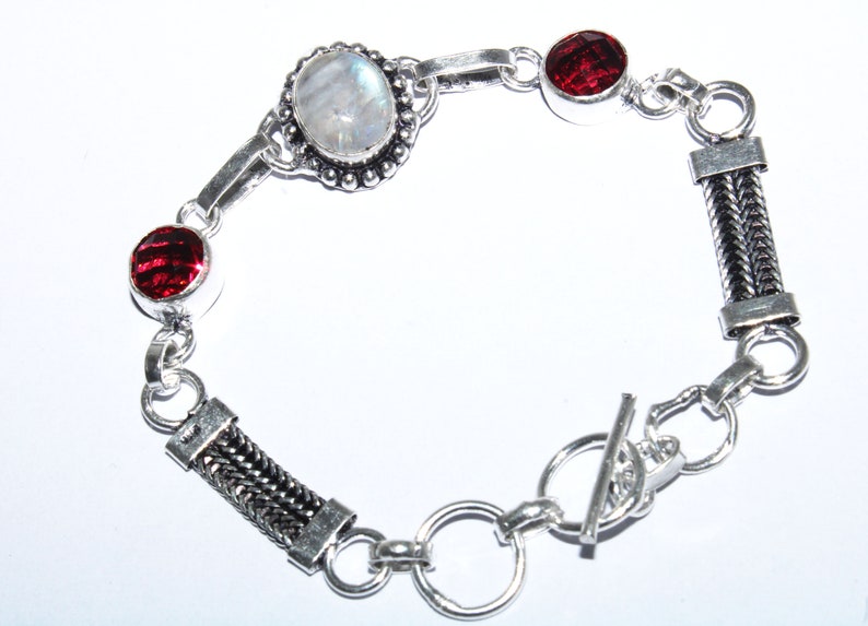 IJ - 05 Natural Rainbow Moonstone /& Pink Tourmaline Bracelet 925 Sterling Silver Plated Bracelet Ethnic Jewelry Handmade Bracelet