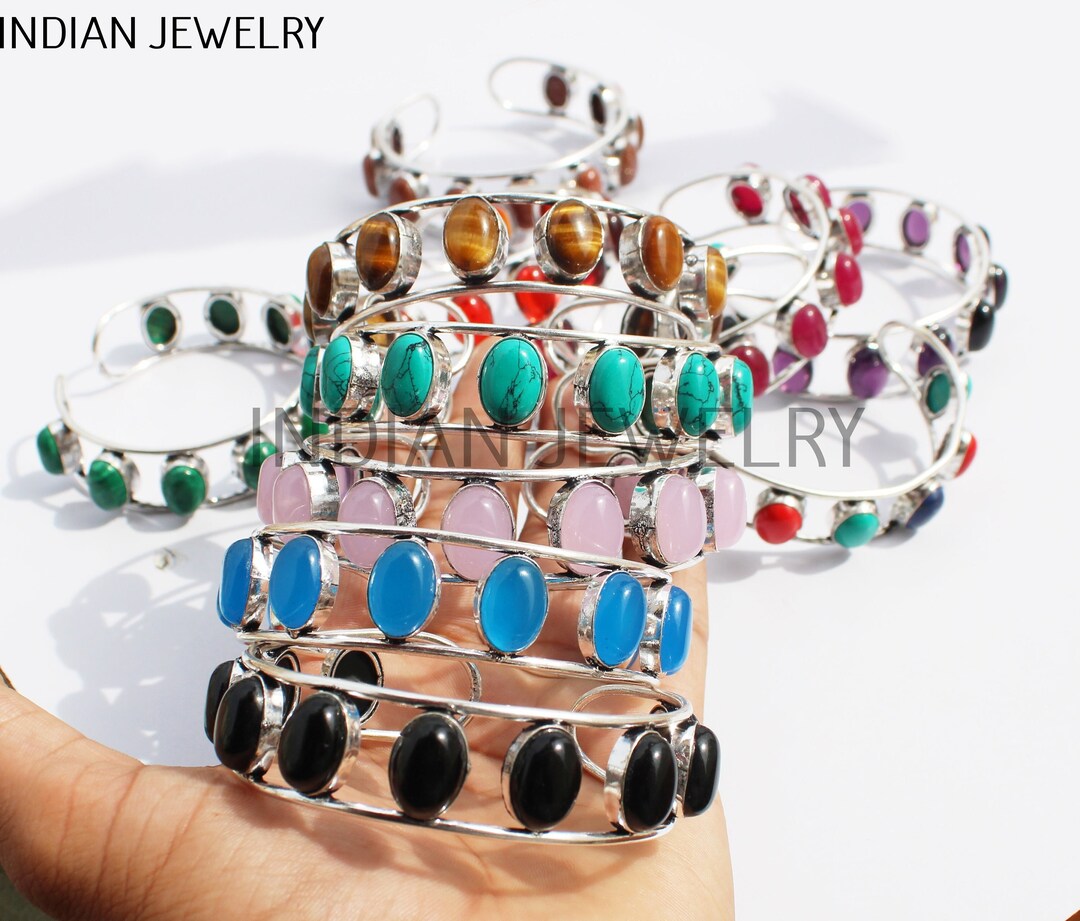 10 Stone Mix Gemstone Adjustable Cuff Bangle / Unique Design Wholesale ...