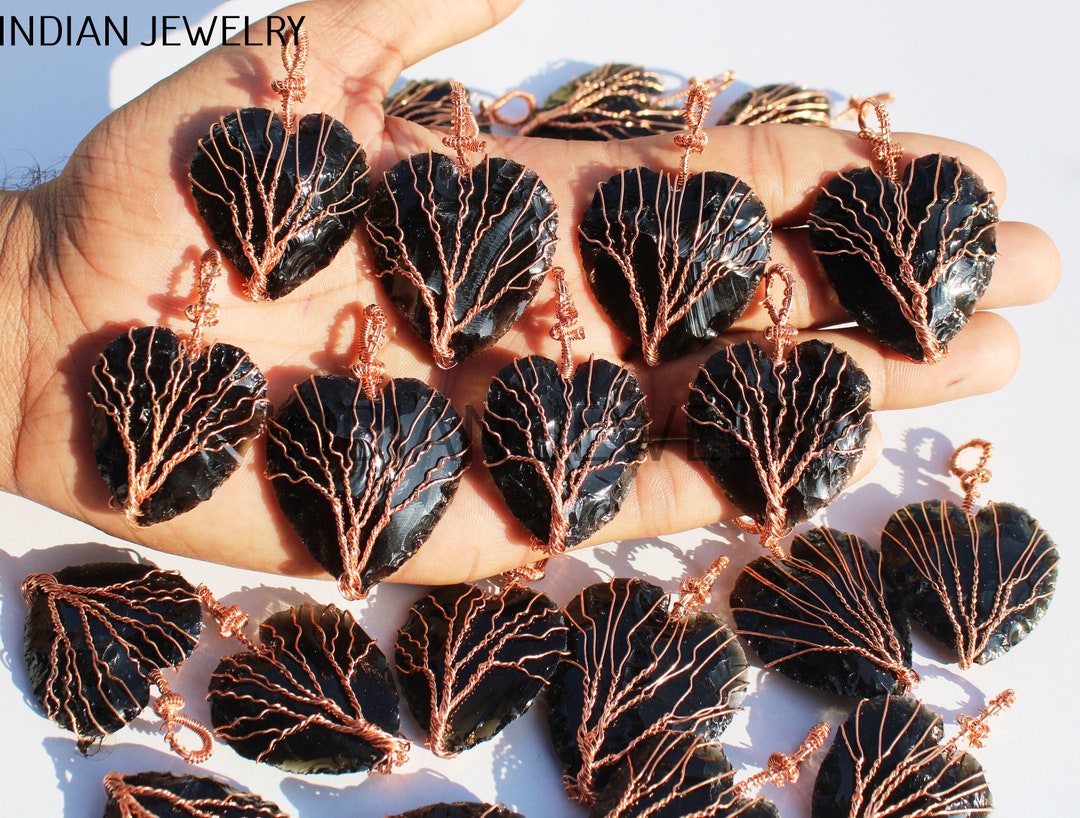 Black Obsidian Heart Tree Copper Wire Wrapped Pendant, Tree of Life ...