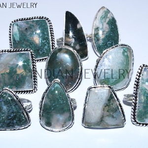 Natural Moss Agate Gemstone Ring / Ethnic Handmade Designer Gemstone Ring / Wholesale Lot / 925 Sterling Silver Plated Ring