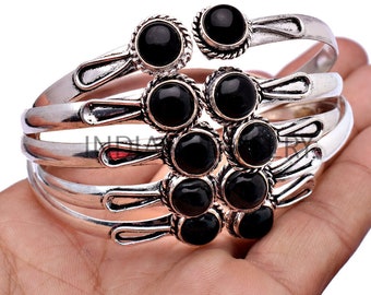 Black Onyx Adjustable Gemstone Cuff Bangle, Unique Design Wholesale Mix Cuff Bangle, Bulk Jewellery, 925 Sterling Silver Plated Bangle