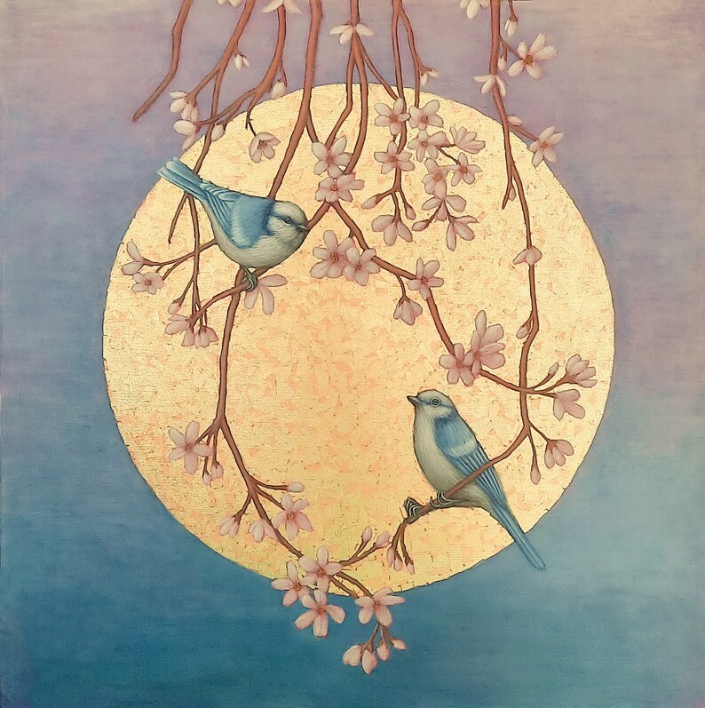 Bird painting on canvas gold leaf artwork original acrylic art Etsy