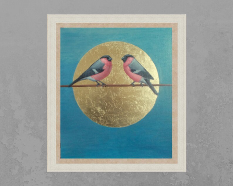Bullfinch painting gold leaf art Small bird painting original Etsy