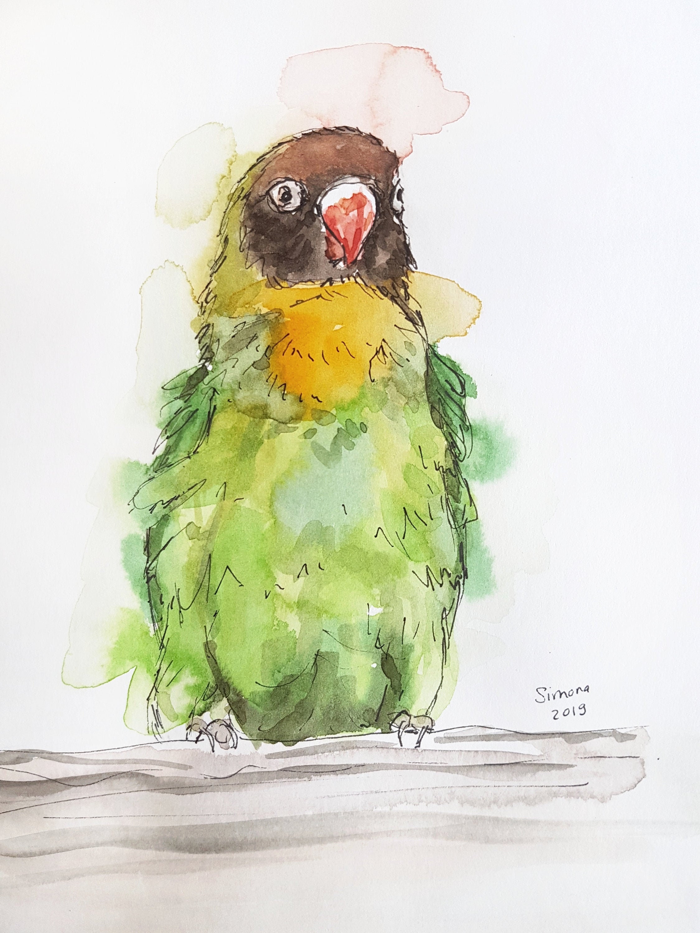 Lovebird Watercolor Painting A5 Bird painting Green Bird | Etsy