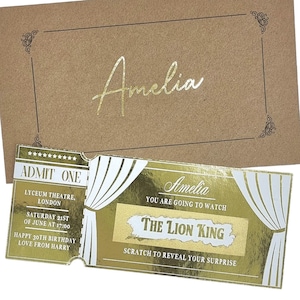 Lamina d'oro Scratch & Reveal Theatre o Musical Show Ticket / Surprise Show Annuncio Gratta e vinci per San Valentino Anniversario Compleanno