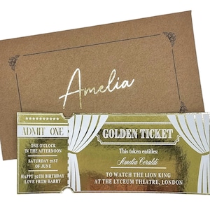 Billet de spectacle musical ou théâtral en feuille d'or, billet de concert, carte d'annonce de spectacle surprise Golden Ticket pour l'anniversaire de la Saint-Valentin