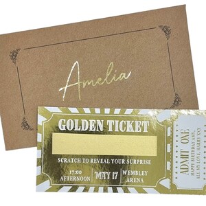 Billet d'événement à gratter et révéler en feuille d'or, cadeau d'annonce de spectacle surprise, carte à gratter Golden Ticket pour la Saint-Valentin, anniversaire, anniversaire