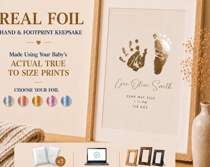 Personalised Baby Hand & Footprint Foil Print, New Baby Keepsake Gift, Birth Announcement Print, Free Ink Kit, Nursery Wall Art, Baby Foot