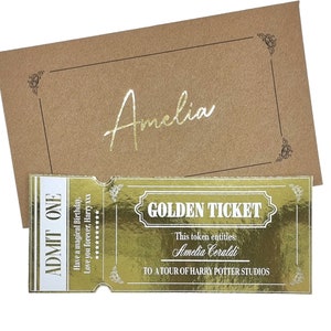 Goldfolien-Eventticket, Goldene Ticket-Überraschungsankündigung, benutzerdefiniertes Event- oder Erlebnis-Enthüllungsticket für Jubiläumsgeburtstag, Geschenk-Token