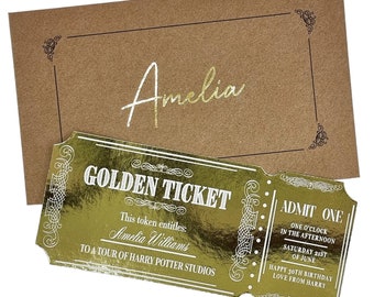 Goldfolien-Eventticket, Goldene Ticket-Überraschungsankündigung, benutzerdefiniertes Event- oder Erlebnis-Enthüllungsticket für Jubiläumsgeburtstag, Geschenk-Token