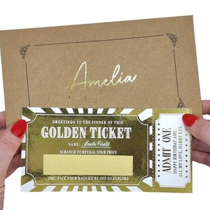 Billet d'événement à gratter et révéler en feuille d'or, révélation surprise du billet d'or, cadeau d'annonce, carte à gratter pour l'anniversaire de la Saint-Valentin