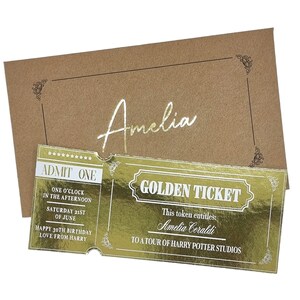 Goldfolien-Eventticket, Goldene Ticket-Überraschungsankündigung, benutzerdefiniertes Event- oder Erlebnis-Enthüllungsticket für Jubiläumsgeburtstag, Geschenk-Token