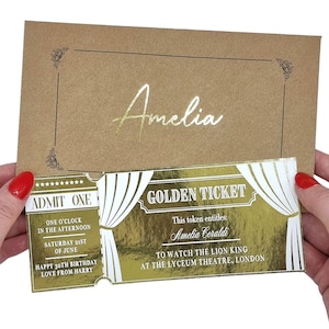 Billet de spectacle musical ou théâtral en feuille d'or, billet de concert, carte d'annonce de spectacle surprise Golden Ticket pour l'anniversaire de la Saint-Valentin