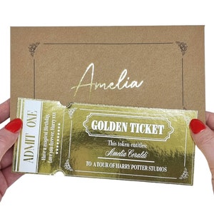 Goldfolien-Eventticket, Goldene Ticket-Überraschungsankündigung, benutzerdefiniertes Event- oder Erlebnis-Enthüllungsticket für Jubiläumsgeburtstag, Geschenk-Token