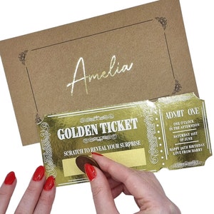 Billet d'événement à gratter et révéler en feuille d'or, révélation surprise du billet d'or, cadeau d'annonce, carte à gratter pour l'anniversaire de la Saint-Valentin