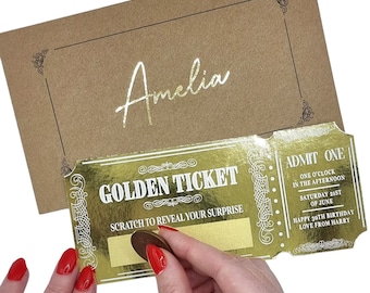 Goldfolie Scratch & Reveal Event Ticket, Golden Ticket Surprise Reveal, Ankündigungsgeschenk, Rubbelkarte für Valentinstag Jubiläum Geburtstag