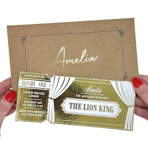 Billet de spectacle musical ou théâtral en feuille d'or, billet de concert, carte d'annonce de spectacle surprise Golden Ticket pour l'anniversaire de la Saint-Valentin