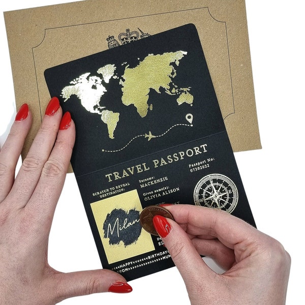 Goldfolie Passport Scratch & Reveal Travel Ticket Surprise Geschenkkarte. Urlaubsmitteilung für Valentinstag, Jubiläum, Geburtstag, Reise weg.