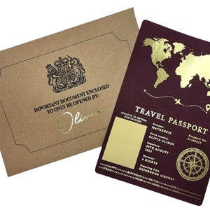 Goldfolie Passport Scratch & Reveal Travel Ticket Surprise Geschenkkarte. Feiertagsmitteilung für Valentinstag, Jahrestag, Geburtstag Reise weg