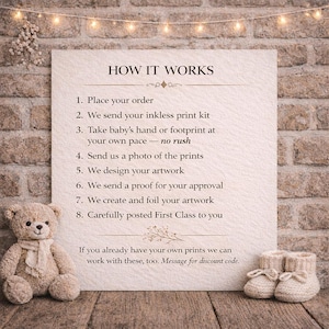 a sign with instructions on how to create a custom print, accompanied by a teddy bear and a pair of baby booties.