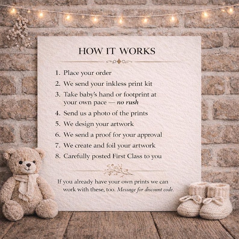 a sign with instructions on how to create a custom print, accompanied by a teddy bear and a pair of baby booties.