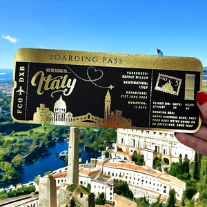 Italien oder eine andere Urlaubsüberraschung enthüllen Folien-Bordkarte, Golden Ticket, Überraschungswochenende, personalisiertes Reiseticket, Event-Reisegeschenk
