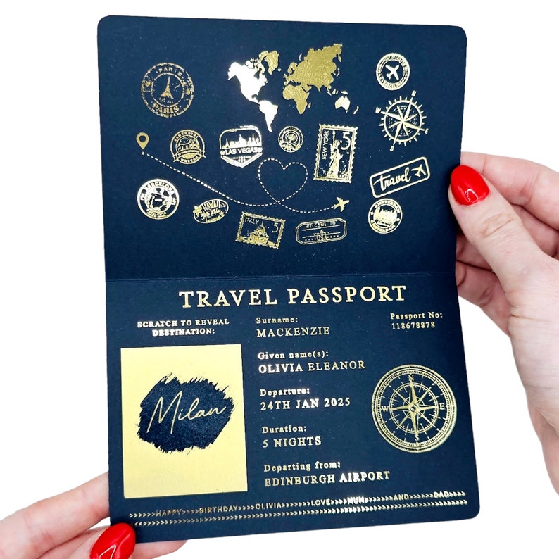 Cartão-presente surpresa para passaporte com raspadinha e revelação de bilhete de viagem em folha de ouro. Anúncio de feriado para namorados, aniversário, viagem de aniversário imagem 9