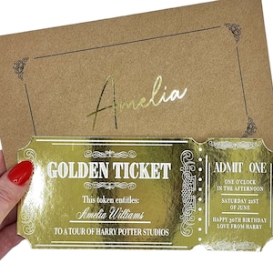Goldfolien-Eventticket, Goldene Ticket-Überraschungsankündigung, benutzerdefiniertes Event- oder Erlebnis-Enthüllungsticket für Jubiläumsgeburtstag, Geschenk-Token