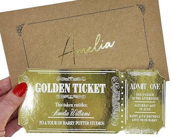 Goldfolien-Eventticket, Goldene Ticket-Überraschungsankündigung, benutzerdefiniertes Event- oder Erlebnis-Enthüllungsticket für Jubiläumsgeburtstag, Geschenk-Token