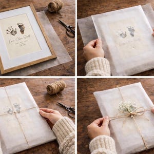 The image is a collage of four photos showing the process of wrapping a book with a white paper and tying a bow with twine.