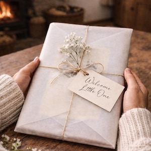 A person's hands holding a wrapped book with a "Welcome Little One" tag attached, placed on a wooden surface with a fireplace in the background.