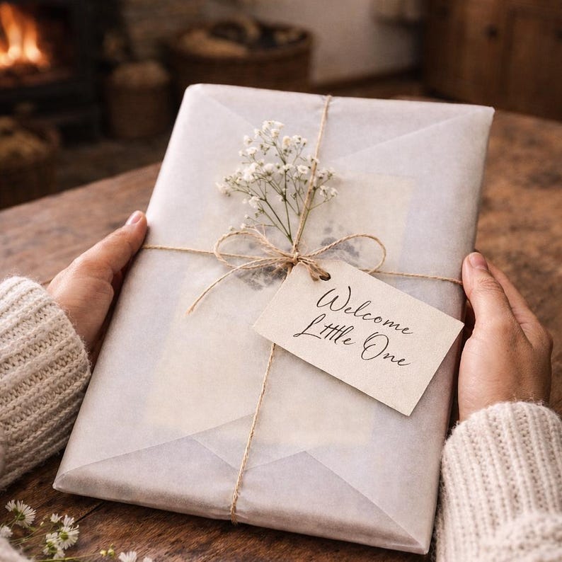 A person's hands holding a wrapped book with a "Welcome Little One" tag attached, placed on a wooden surface with a fireplace in the background.