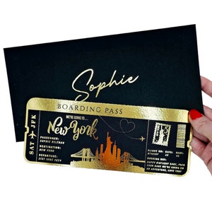 Faire-part de fête des fêtes sur la carte d'embarquement feuille d'or, Billet personnalisé, Billet doré, Week-end surprise, Billet de voyage, Cadeau de voyage d'anniversaire