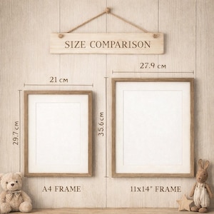 two framed pictures hanging on a wall, with a sign indicating the size comparison between the two frames.