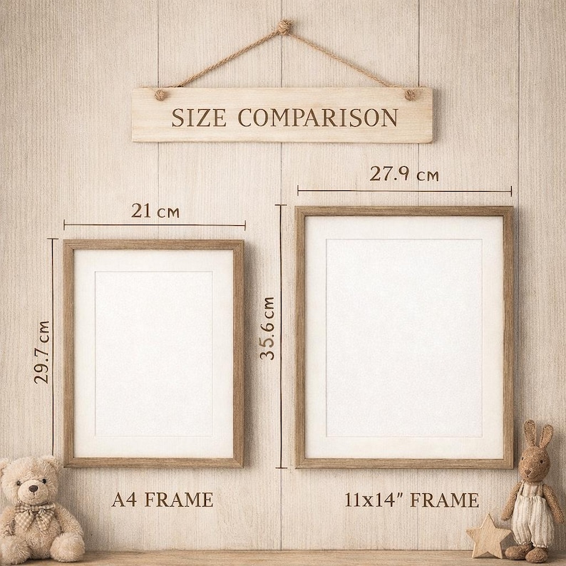 two framed pictures hanging on a wall, with a sign indicating the size comparison between the two frames.