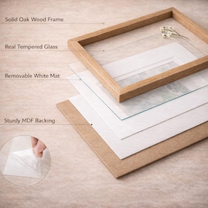 a wooden frame with a transparent glass panel, and there is a hand holding a piece of paper with a diagram or instructions.