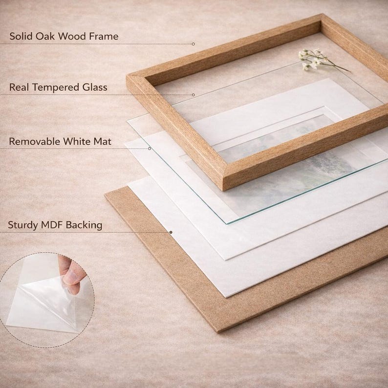 a wooden frame with a transparent glass panel, and there is a hand holding a piece of paper with a diagram or instructions.