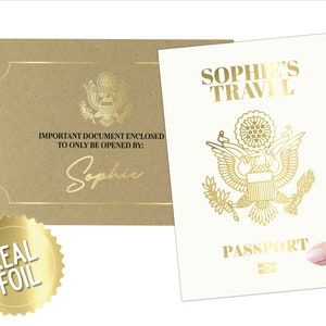 USA Gold Foil Passport Gratta e Rivela biglietto di viaggio Sorpresa Gift Card. Perfetto per San Valentino, vacanze, anniversari, compleanni, viaggi